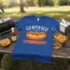 Certified Hotdogologist t-shirt with a graphic of a fully loaded hot dog and stars