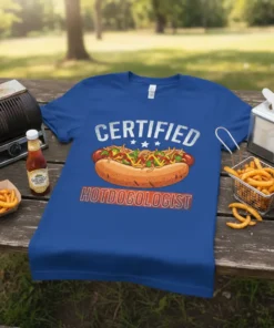 Certified Hotdogologist t-shirt with a graphic of a fully loaded hot dog and stars