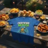 Blue t-shirt with "CERTIFIED MUNCH" text and a blue monster eating a burger graphic