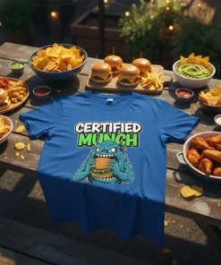 Blue t-shirt with "CERTIFIED MUNCH" text and a blue monster eating a burger graphic
