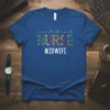 Certified Nurse Midwife text with leopard print letters and white text below, on a blue t-shirt