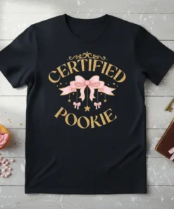 Certified Pookie text with a pink bow and hanging charms on a black t-shirt
