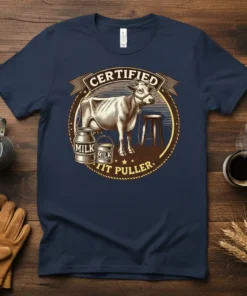 Certified Tit Puller t-shirt design featuring a cow, milk cans, and farm-themed graphics