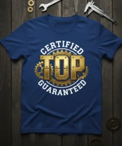 Certified Top Guaranteed text with gold gear graphics on a navy blue t-shirt design