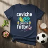 Ceviche cerveza fútbol t-shirt design with text, shrimp, lemon, beer mugs, and soccer ball graphic