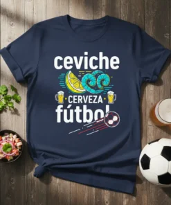 Ceviche cerveza fútbol t-shirt design with text, shrimp, lemon, beer mugs, and soccer ball graphic