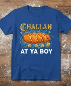 Challah At Ya Boy T-Shirt featuring a braided challah loaf and Hanukkah symbols