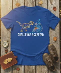 Challenge Accepted t-shirt with a T-Rex and a cyclist on a penny-farthing bike