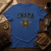 Chama Est. Mcdxcii t-shirt featuring a lion head, crossed axes, and Celtic knot design in black and gold