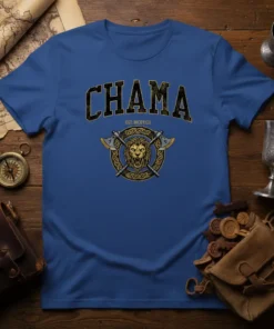 Chama Est. Mcdxcii t-shirt featuring a lion head, crossed axes, and Celtic knot design in black and gold