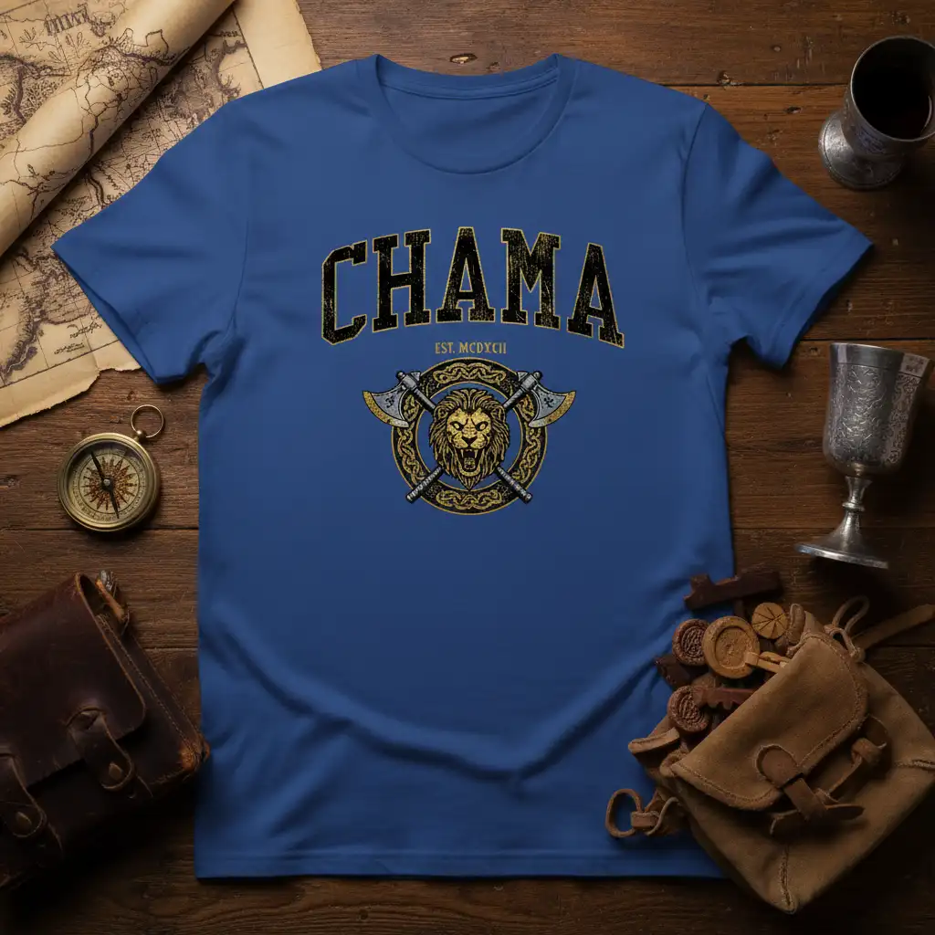 Chama Est. Mcdxcii design with lion head and axes on a blue t-shirt, evoking historical warrior themes