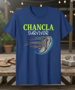Chancla Survivor T-Shirt featuring bold green text and a dynamic graphic of a decorated flip-flop in motion