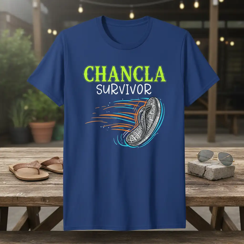 Chancla Survivor design with vibrant green text and a detailed flip-flop graphic, perfect for cultural humor apparel