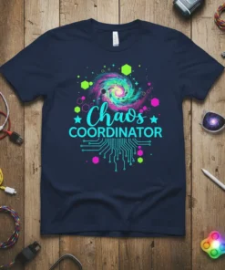 Chaos Coordinator t-shirt with a colorful galaxy swirl and circuit board design