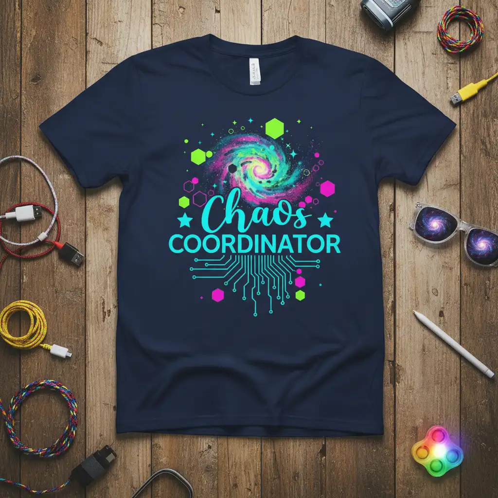 Chaos Coordinator text with galaxy swirl and circuit board graphic on a navy t-shirt