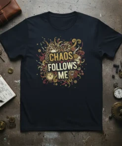 Dark t-shirt with "CHAOS FOLLOWS ME" text in a distressed, decorative font, surrounded by steampunk-inspired gears and leopard print accents