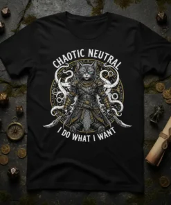 Chaotic Neutral I Do What I Want t-shirt design featuring a warrior cat and arcane symbols
