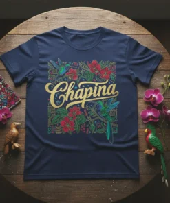 Chapina t-shirt with gold glitter text, hummingbirds, red flowers, and green quetzal bird graphic