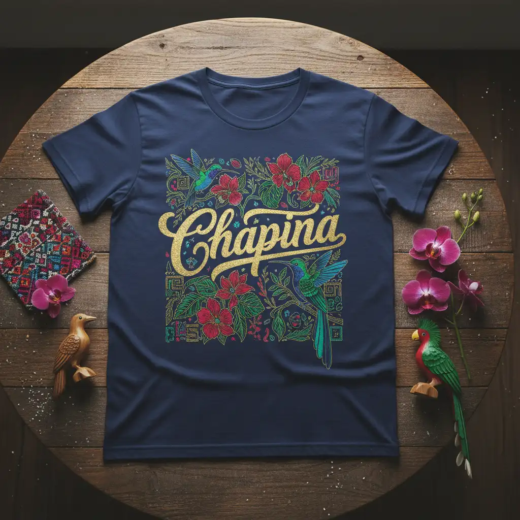 Chapina t-shirt design featuring ornate gold script, hummingbirds, red flowers, and quetzal bird graphic