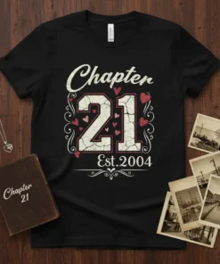 Black t-shirt with "Chapter 21 Est. 2004" in distressed white and pink font, surrounded by small hearts and decorative swirls