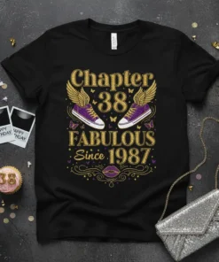 Chapter 38 Fabulous Since 1987 birthday t-shirt design with glittery text, winged sneakers, and butterflies