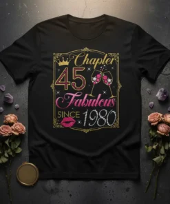 Chapter 45 Fabulous Since 1980 birthday t-shirt with crown, champagne glasses, and lips graphic