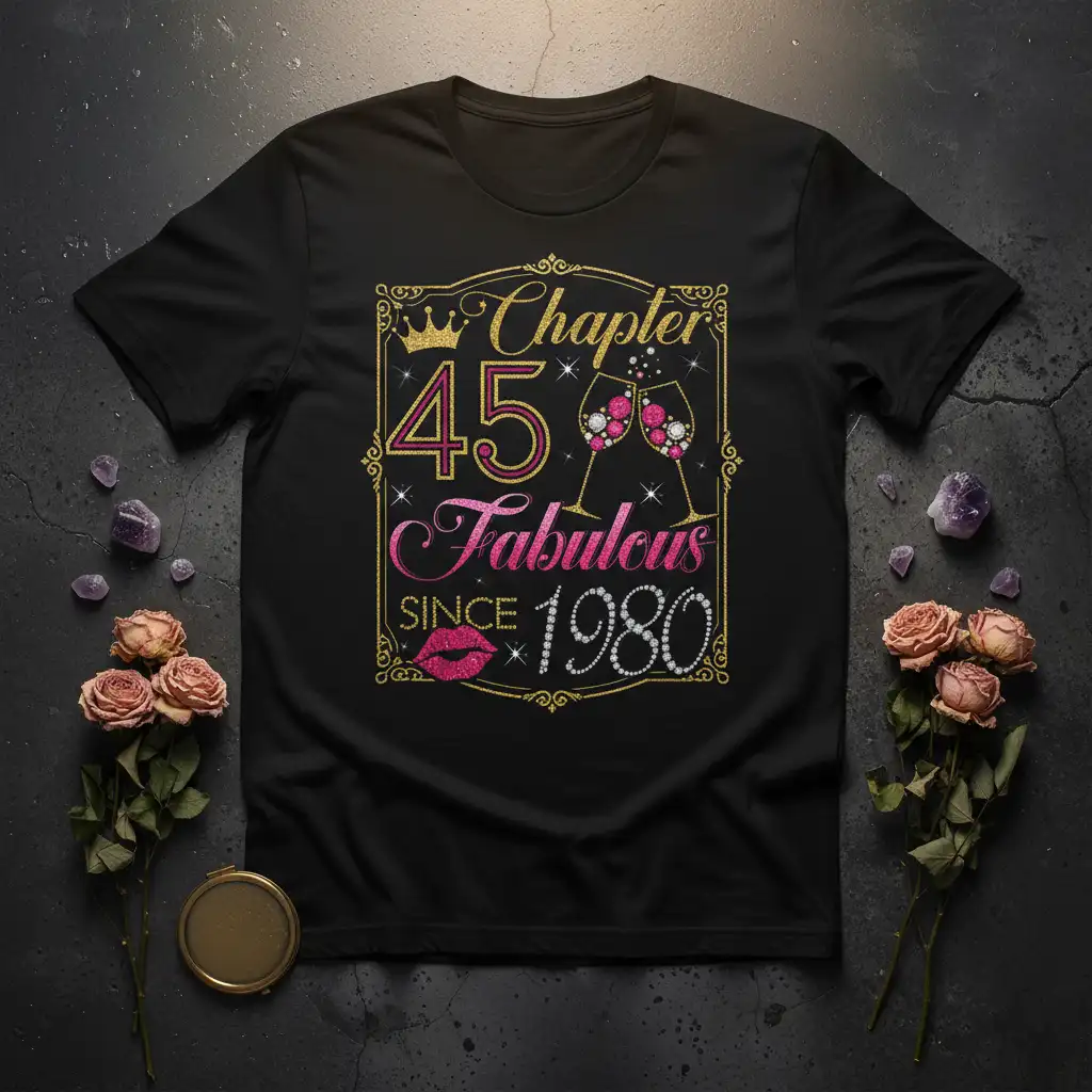 Chapter 45 Fabulous Since 1980 elegant birthday quote on t-shirt with glitter and festive graphics