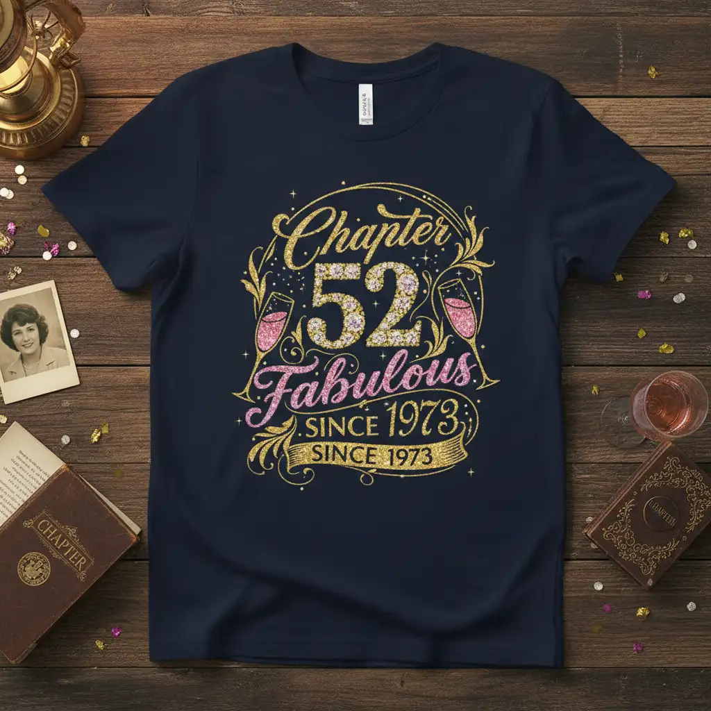 Chapter 52 Fabulous Since 1973 text and graphics on a navy t-shirt for a 52nd birthday celebration