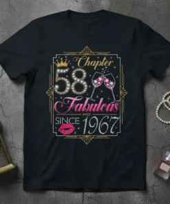 Chapter 58 Fabulous Since 1967 birthday t-shirt design with glittering text, crown, champagne glasses, and lips