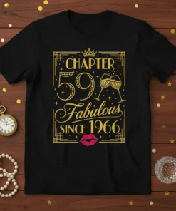 Black t-shirt with gold glitter text reading "Chapter 59 Fabulous Since 1966" and a crown, champagne glasses, and lips graphic