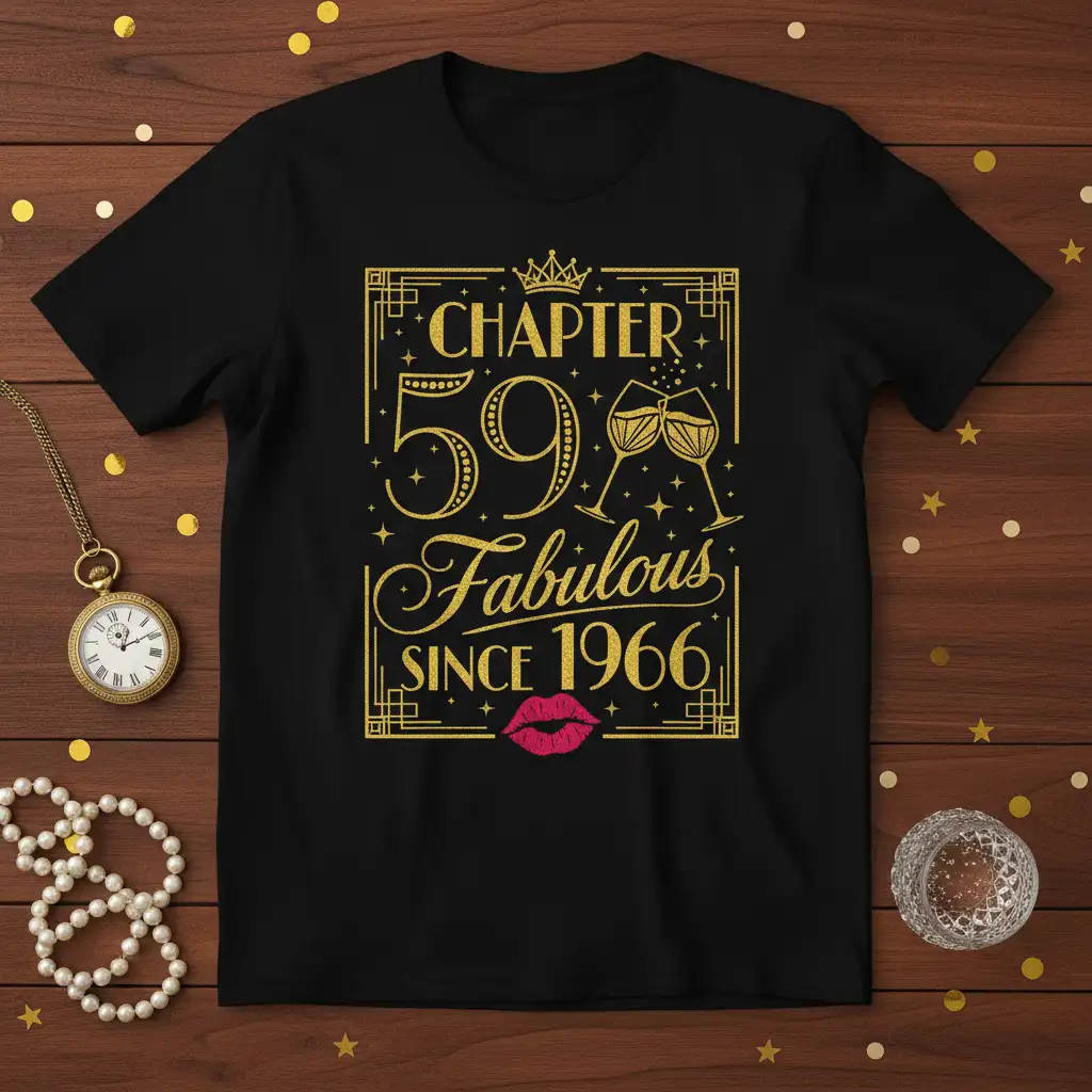 Chapter 59 Fabulous Since 1966 design with gold glitter text and celebratory graphics on a black t-shirt
