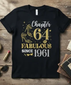 Chapter 64 Fabulous Since 1961 birthday t-shirt design with gold glitter heels and lips graphic