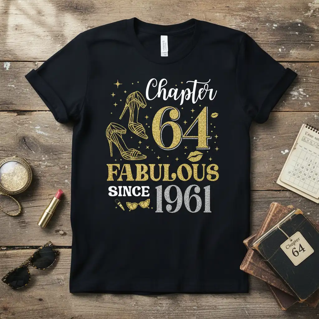 Chapter 64 Fabulous Since 1961 birthday quote t-shirt with glitter high heels and lips graphic
