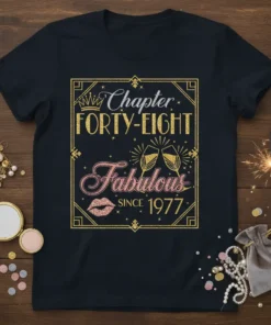 Chapter Forty-Eight Fabulous Since 1977 birthday t-shirt with glitter text and kiss graphic
