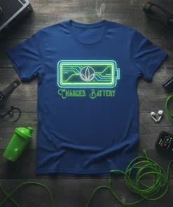 Neon "Charged Battery" text and graphic on a dark blue t-shirt, with circuit board details and a leaf symbol