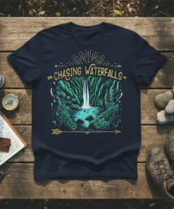 Chasing Waterfalls t-shirt design with a lush jungle scene and cascading waterfall graphic