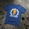 Blue t-shirt with "Check Engine" text, a yellow lightning bolt, and a gear graphic