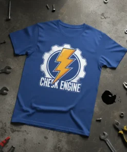 Blue t-shirt with "Check Engine" text, a yellow lightning bolt, and a gear graphic
