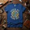 Check My Stand Hand Out quote t-shirt with a gear and paintbrush graphic, vintage distressed style