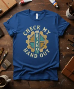 Check My Stand Hand Out quote t-shirt with a gear and paintbrush graphic, vintage distressed style