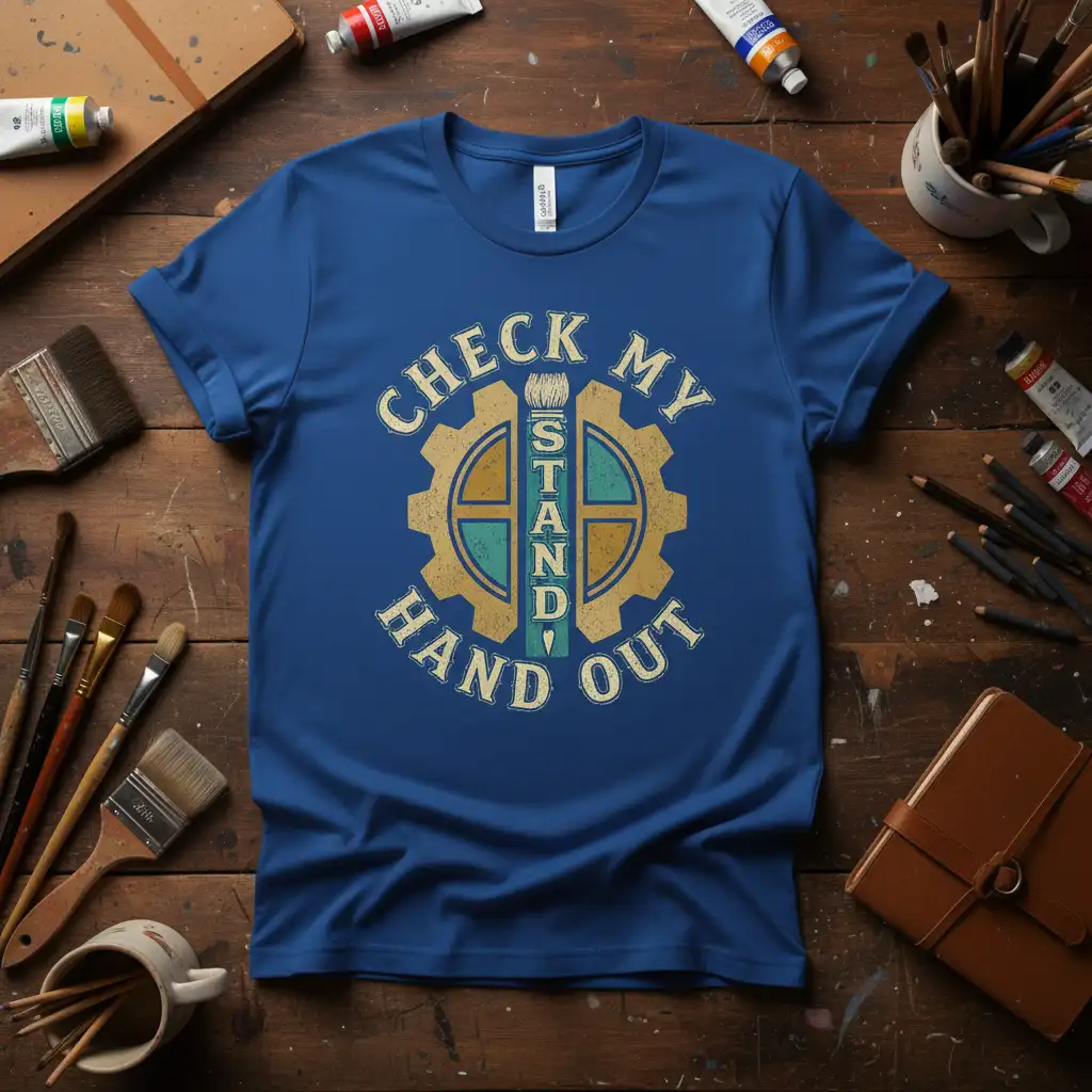 Check My Stand Hand Out quote graphic on a blue t-shirt, featuring a gear and paintbrush design