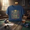 T-shirt with "CHECK OUT MY HAND STAND" text in gold and red, featuring poker card suits and aces