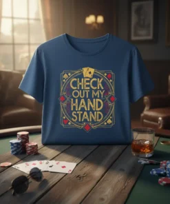 T-shirt with "CHECK OUT MY HAND STAND" text in gold and red, featuring poker card suits and aces
