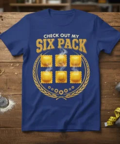 Blue t-shirt design with "CHECK OUT MY SIX PACK" text above six ravioli squares arranged in a 3x2 grid, surrounded