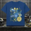CHEER #1 t-shirt design with foam finger, megaphone, bows, and checkered stars in blue and yellow