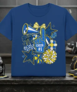 CHEER #1 t-shirt design with foam finger, megaphone, bows, and checkered stars in blue and yellow