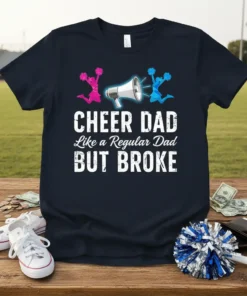 CHEER DAD Like a Regular Dad BUT BROKE text with cheerleaders and megaphone graphic on a navy t-shirt
