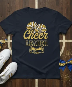 Cheer LEADER t-shirt design with gold glitter text, pom poms, and megaphone graphic on navy blue shirt