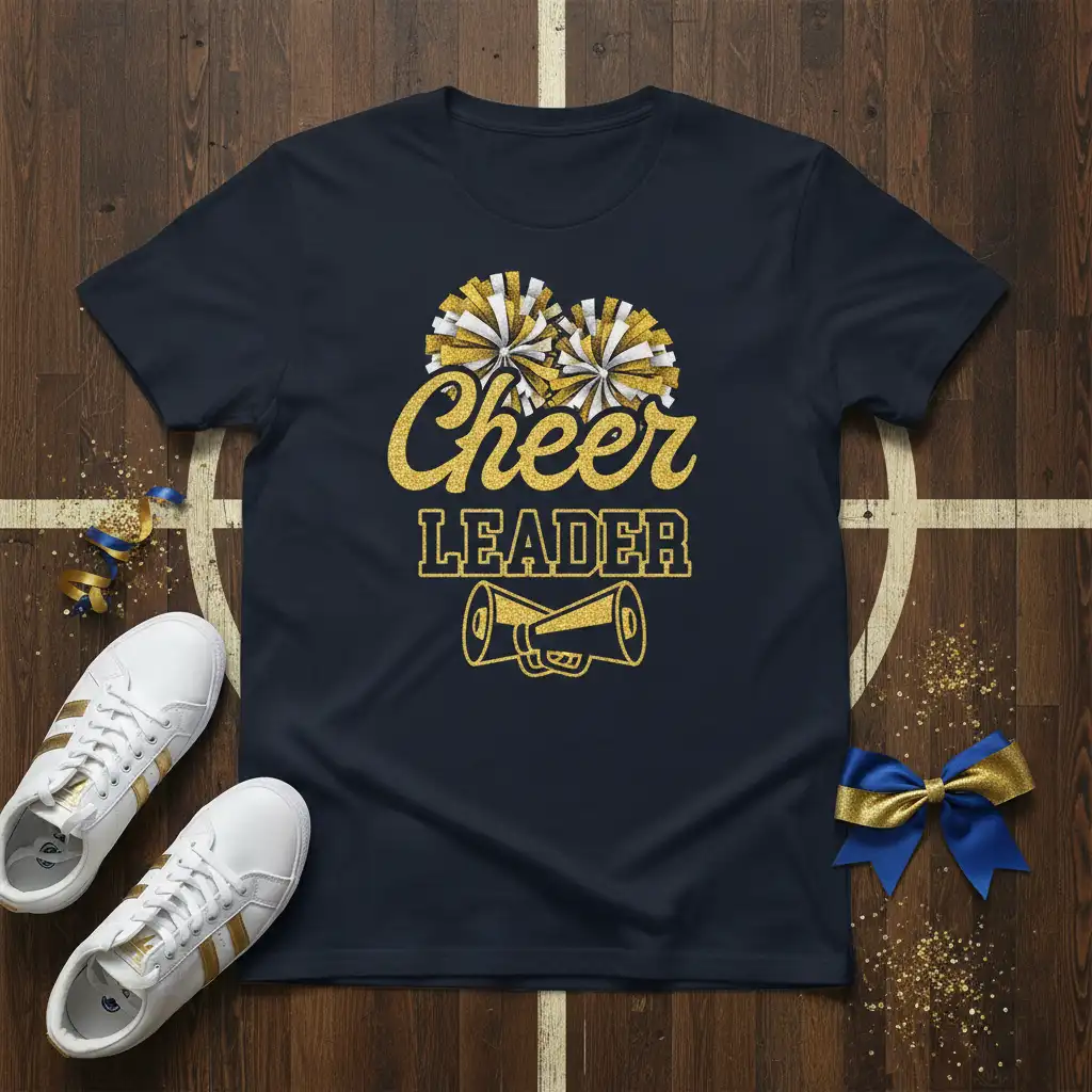 Cheer LEADER text with gold glitter pom poms and megaphone on navy t-shirt