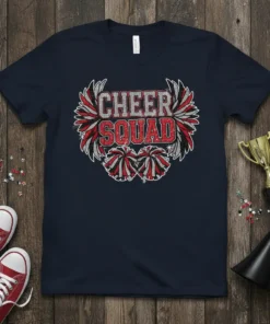 Cheer Squad t-shirt design with glittery red and silver text, surrounded by wings and pom-poms